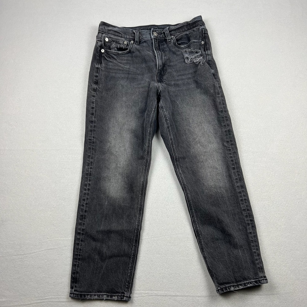 American Eagle Womens 8 Black High Rise Ankle Straight Distressed Jeans Stretch - Picture 1 of 11